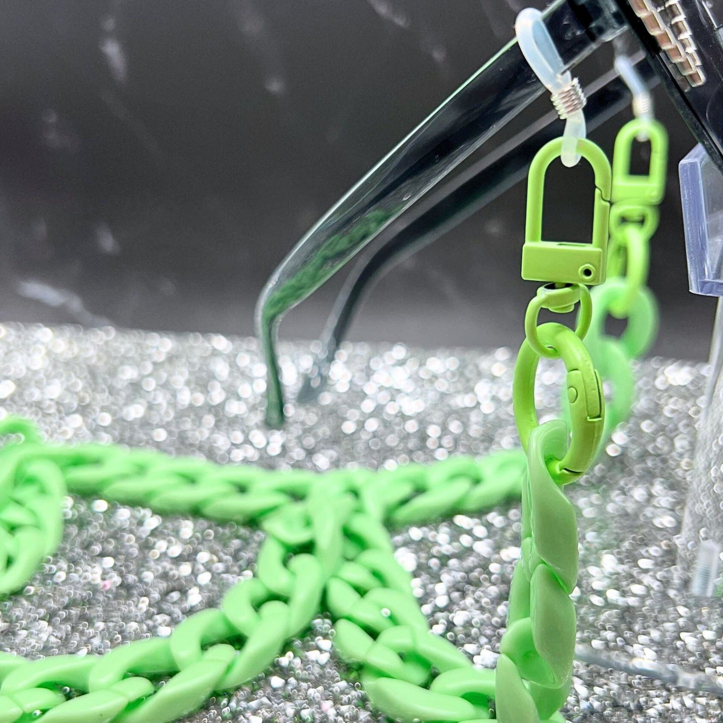 Versatile Green Chunky Chain Link Lanyard for glasses, keys, badges, or masks. Displayed on some glasses, sold separately.