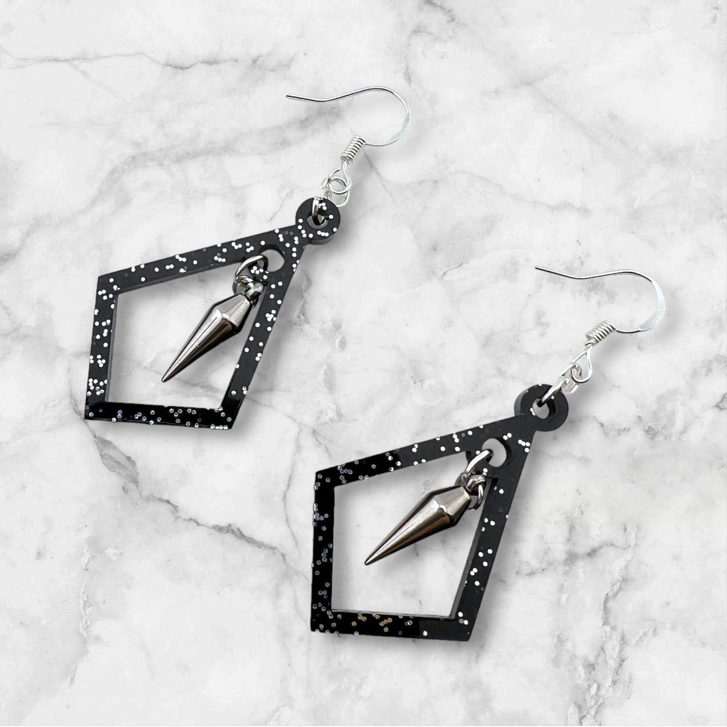 Punk Rock Spike Black Glitter Dangle Earrings