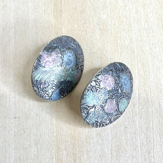 Vintage Floral Clip On Earrings - Embossed Stamped Silver Tone Metal