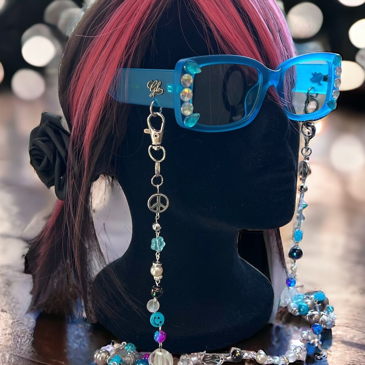 Glam Hippie Blue Festival Rave Sunglasses with Matching Glasses Chain