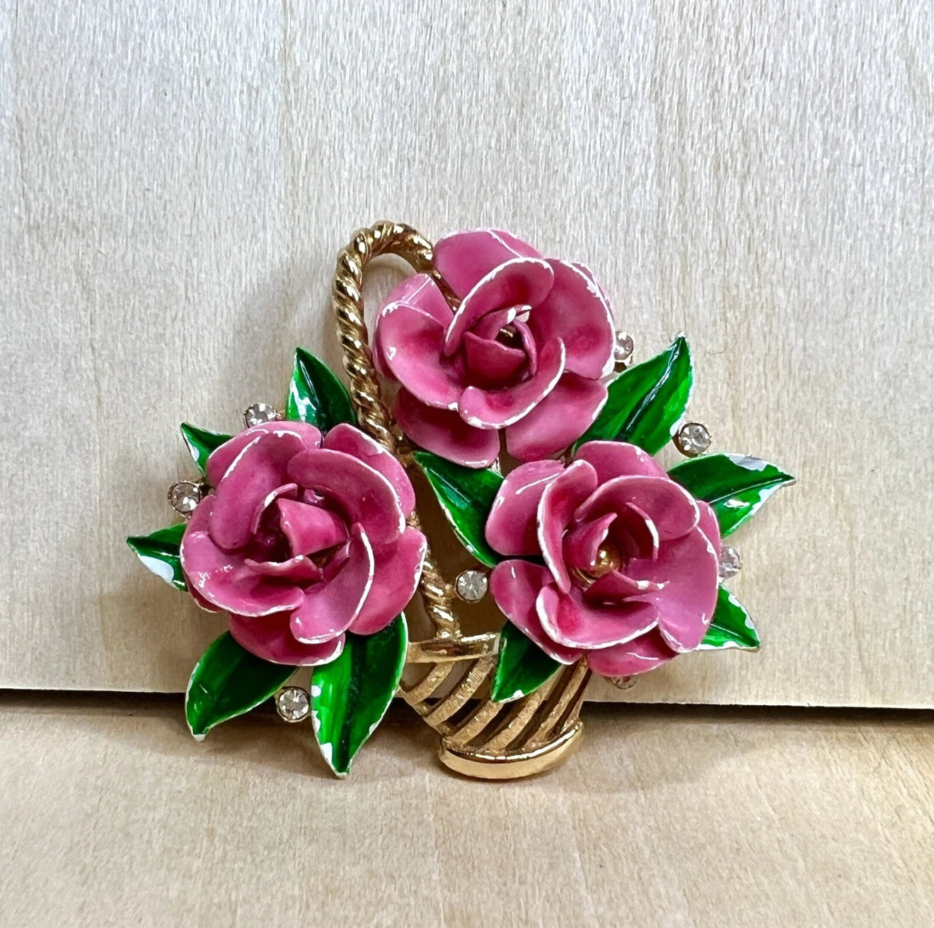 Vintage Crown Trifari Pink Rose Basket Brooch