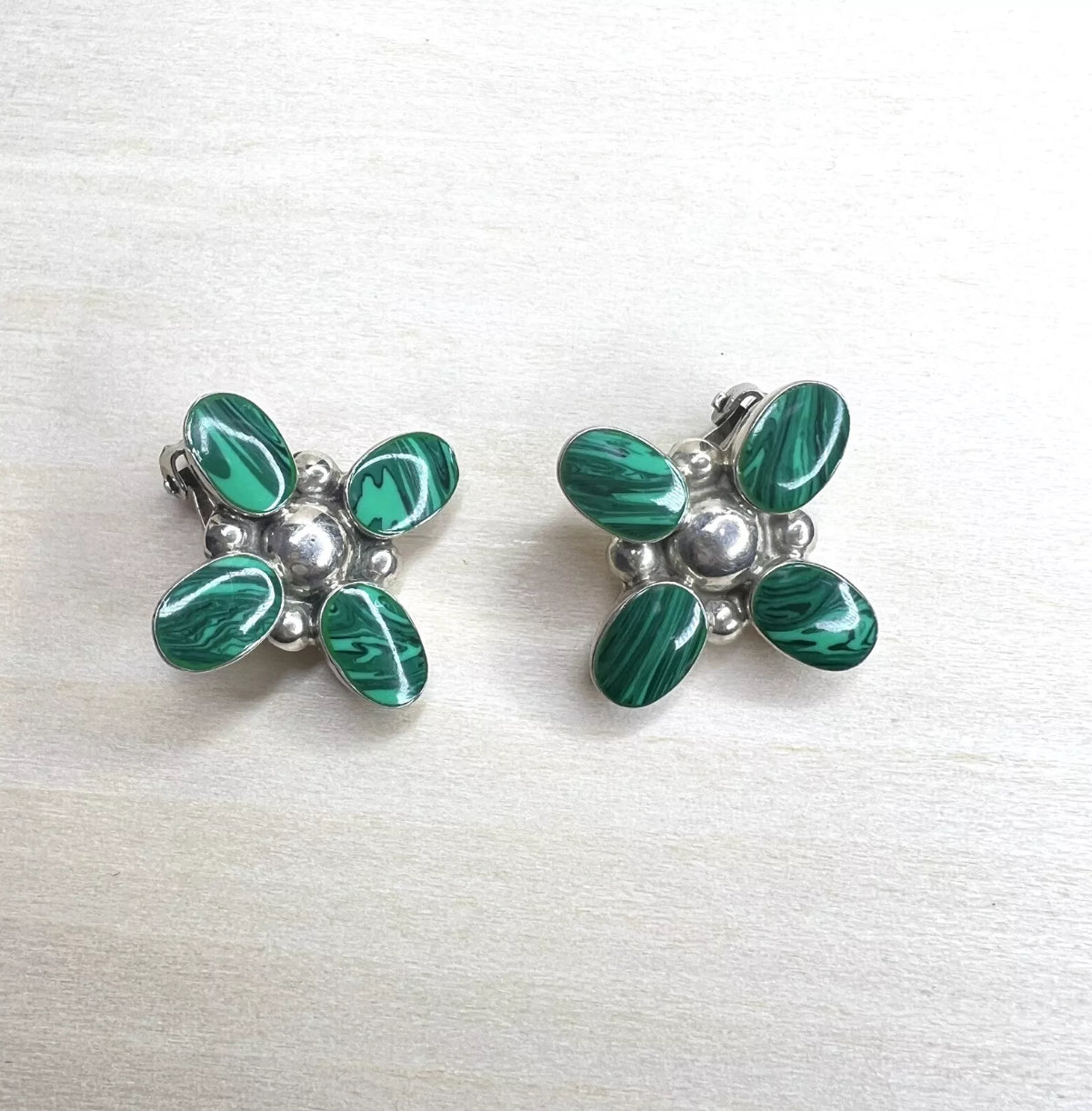 Vintage Mexican 925 Sterling Silver and Green Malachite Clip-On Earrings