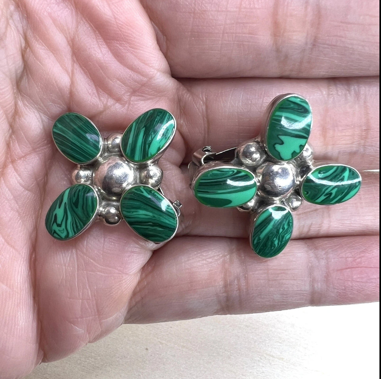 Vintage Mexican 925 Sterling Silver and Green Malachite Clip-On Earrings