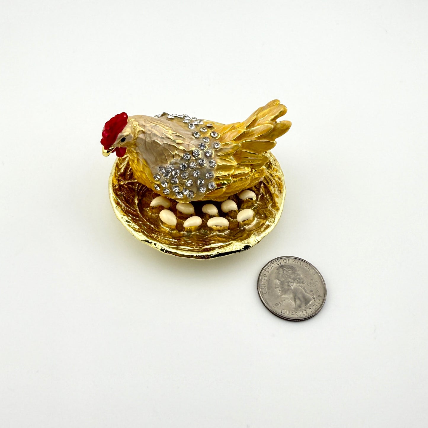 Vintage Gold Hen Rhinestone Trinket Box