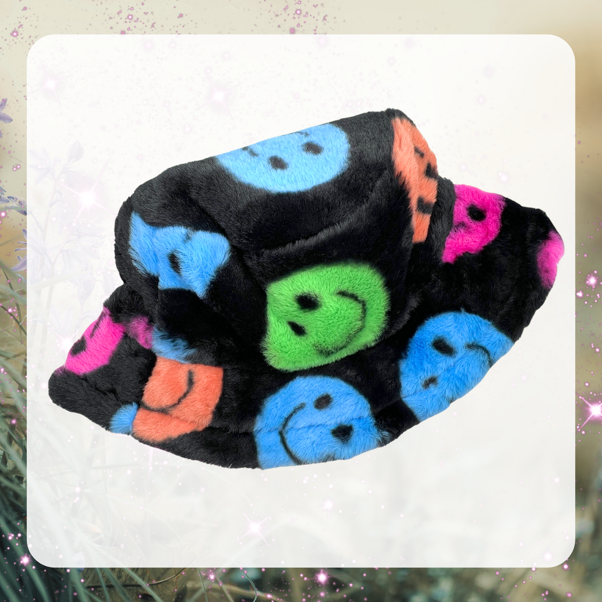 Picture shows a bucket hat laying flat. The hat is faux fur with a black background and blue, green, orange, and pink smile faces all over it. 