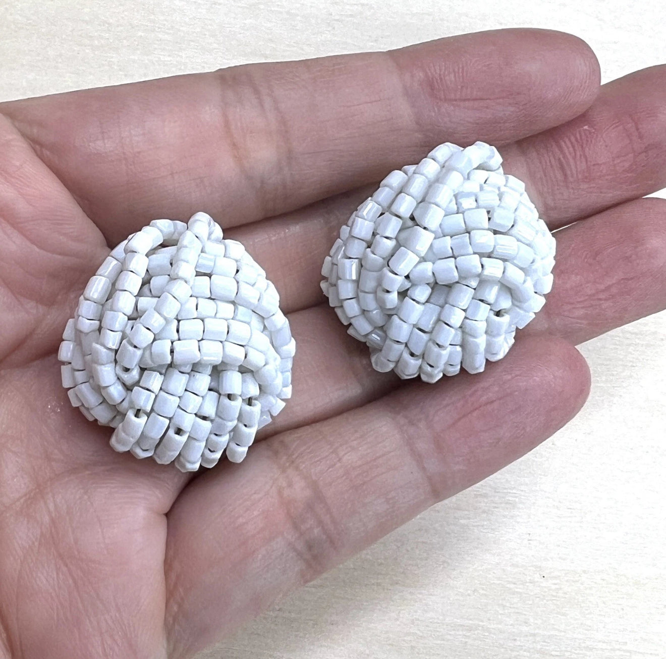 Vintage White Beaded Clip-On Knot Earrings