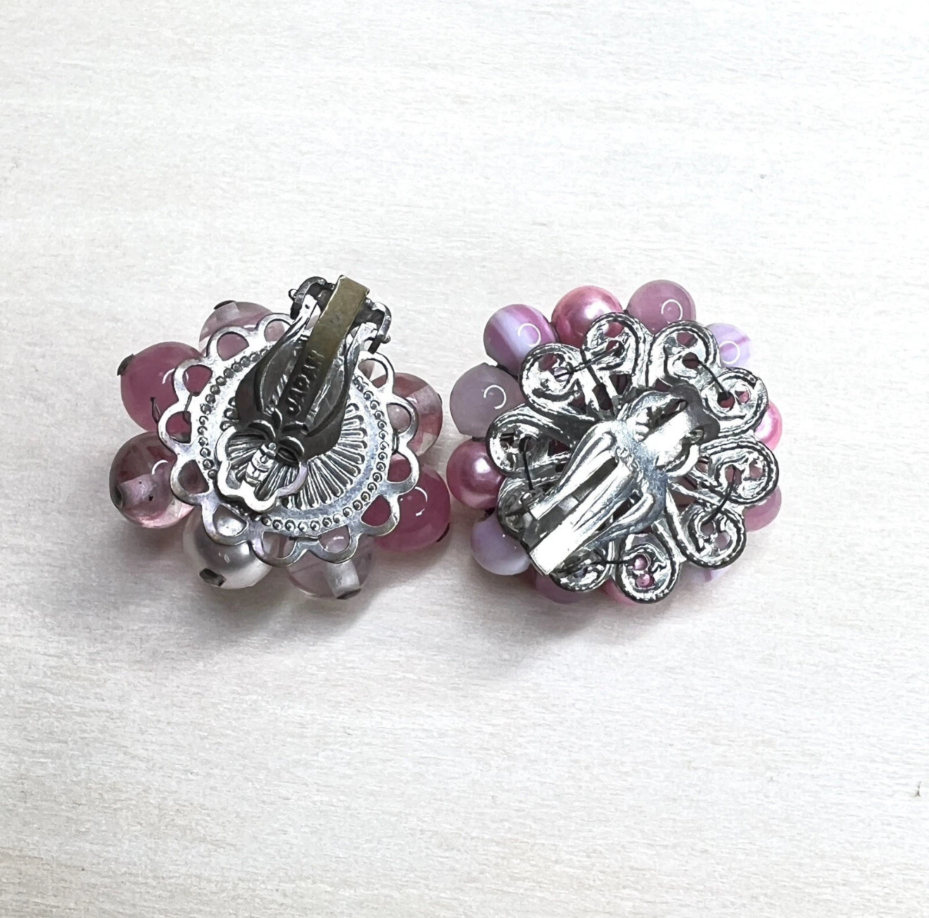 Vintage Pink Bead Cluster Clip-On Earrings (Japan)