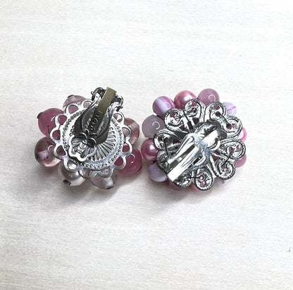 Vintage Pink Bead Cluster Clip-On Earrings (Japan)