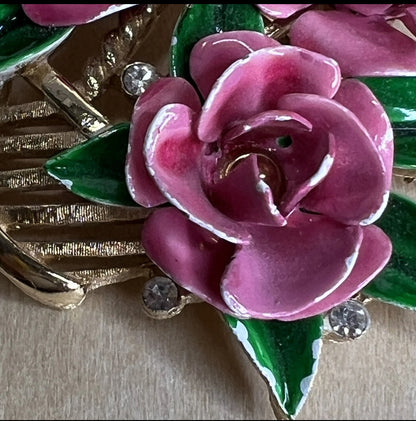 Vintage Crown Trifari Pink Rose Basket Brooch