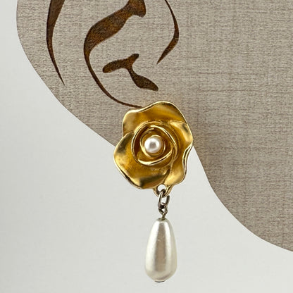Elegant Rose and Pearl Vintage Clip on Earrings