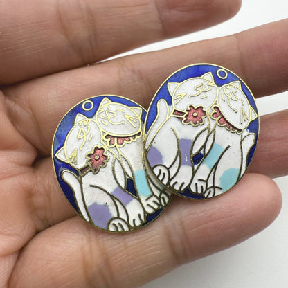 Vintage Cloisonné Cat Clip-On Earrings Gold Tone Enamel