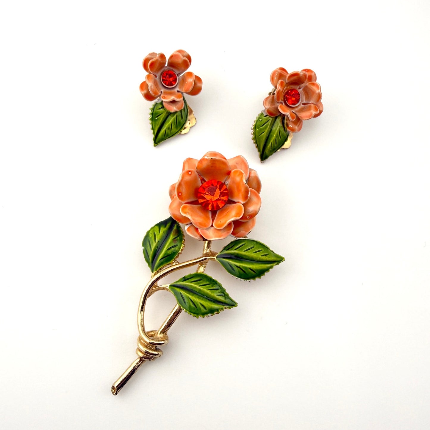 Retro Orange Flower Brooch and Clip On Earring Set