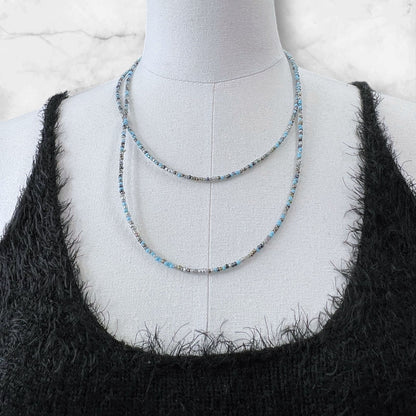 Super Long and Dainty Blue Beaded Wrap Necklace