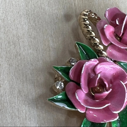 Vintage Crown Trifari Pink Rose Basket Brooch