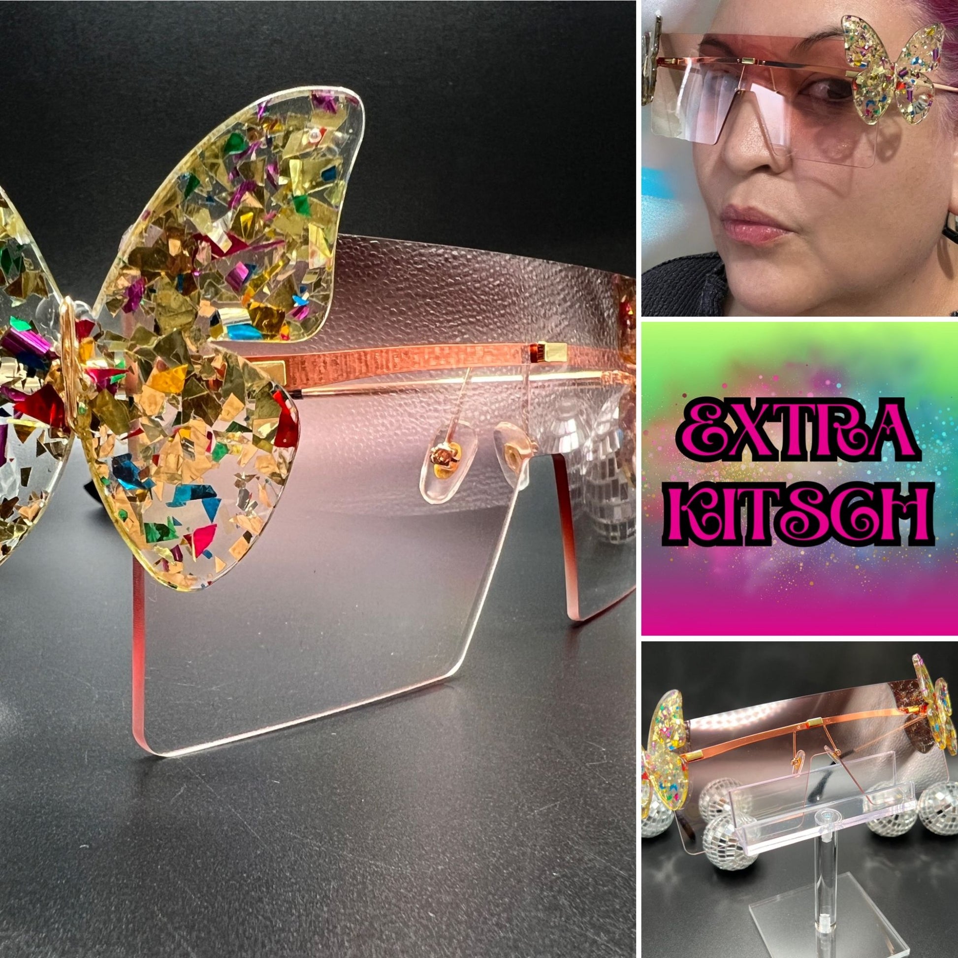 Butterfly Shield Sunglasses – Oversized and enchanting eyewear for standing out at festivals and raves. Displayed on a model.