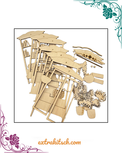 DIY Mini Bookshelf Kit – Laser Cut Wood Craft with Books, Cats, & Plants