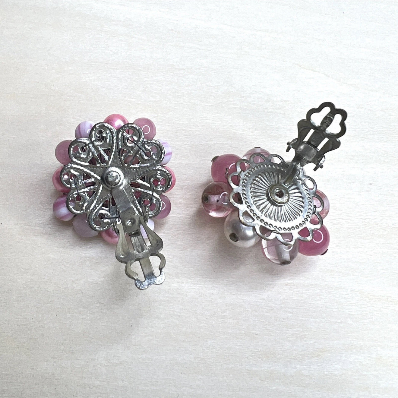 Vintage Pink Bead Cluster Clip-On Earrings (Japan)