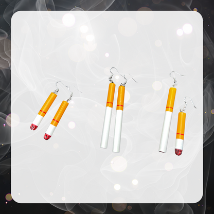 Picture shows three pairs of cigarette charm earrings. The first pair is two half smoked cigs with the ends burning, the second pair is two full unlit cigs, and the third is one full unlit cig with a half lit cig. 