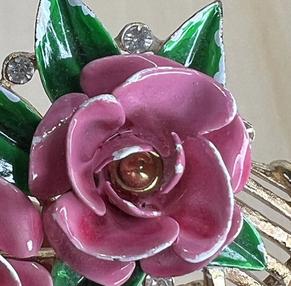Vintage Crown Trifari Pink Rose Basket Brooch