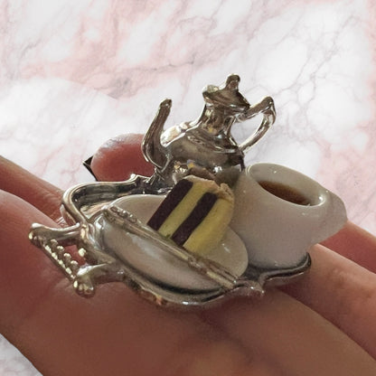 Gaudy Tea Tray Party Ring - Mini Food Coffee Cup and Saucer Kitsch Jewlery