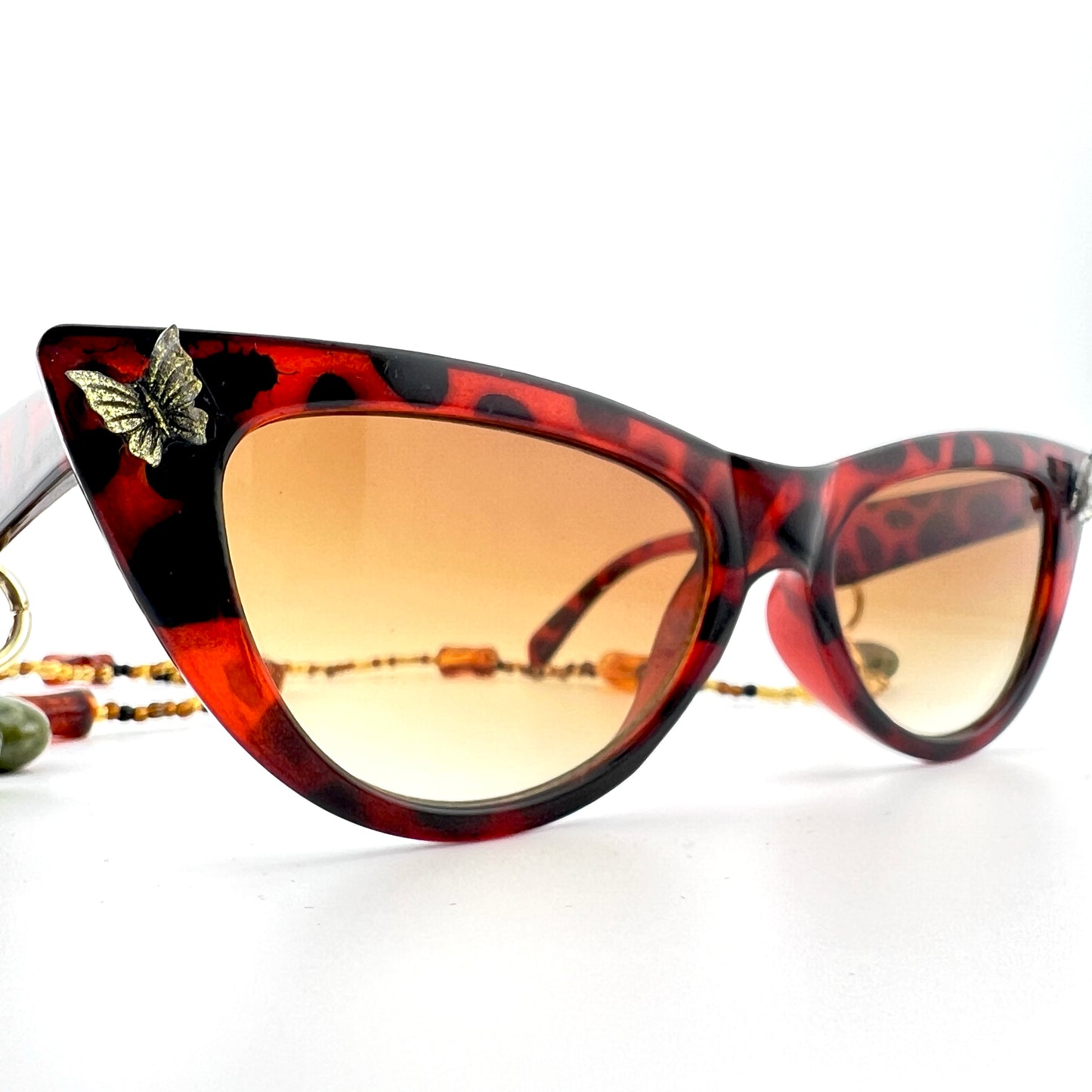 Retro Glam Tortoiseshell Festival Sunglasses with Amber Beaded Chain