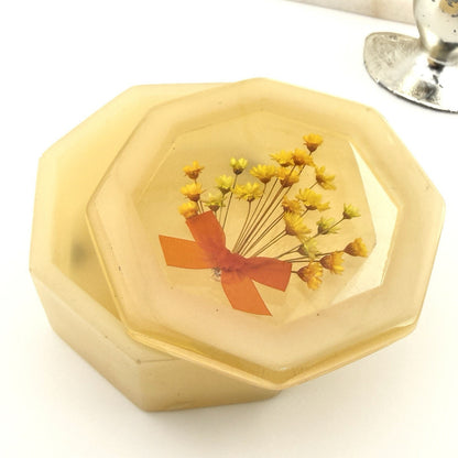 Vintage Lucite Vanity Trinket Box with Dried Yellow Flowers Embedded