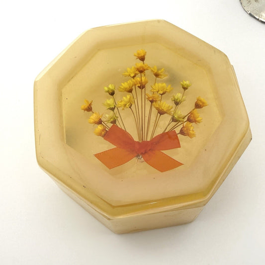 Vintage Lucite Vanity Trinket Box with Dried Yellow Flowers Embedded