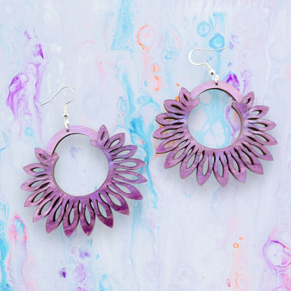 Purple Flower Petal Acrylic and Wood Hoop Earrings
