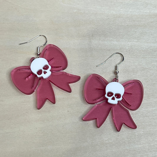 Pink Bow and Skull Earrings - Pastel Goth - Coquette