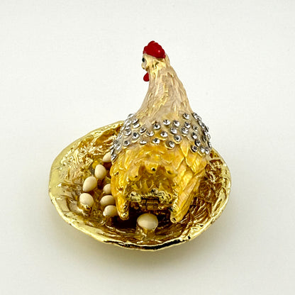 Vintage Gold Hen Rhinestone Trinket Box