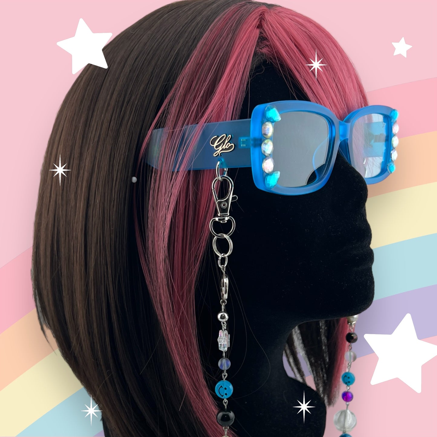 Glam Hippie Blue Festival Rave Sunglasses with Matching Glasses Chain