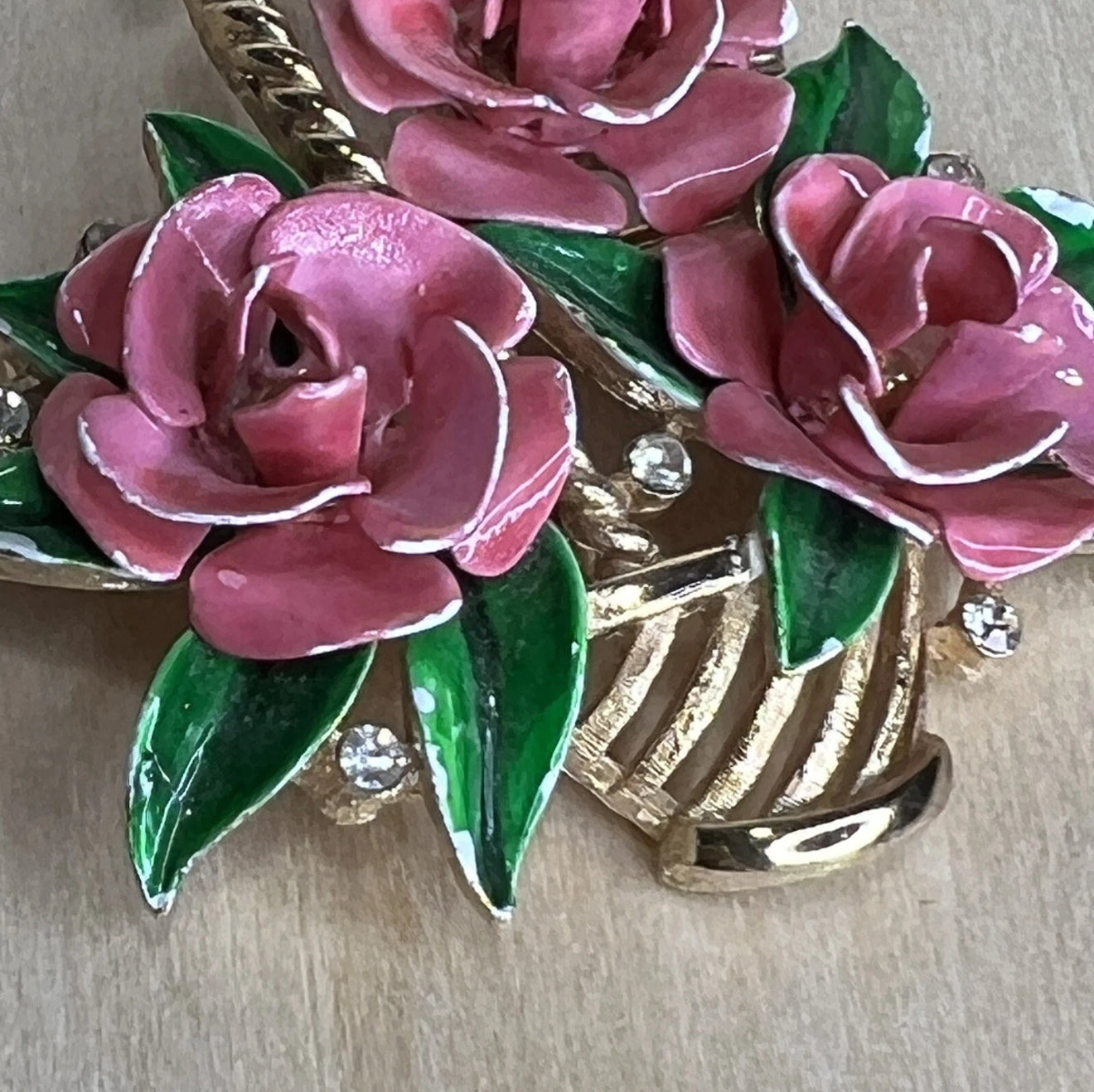 Vintage Crown Trifari Pink Rose Basket Brooch