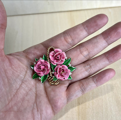 Vintage Crown Trifari Pink Rose Basket Brooch