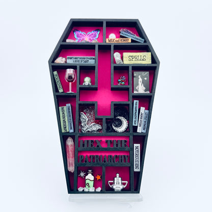 Hex the Patriarchy Mini Coffin Bookshelf – Handmade Feminist Curio Shelf with Miniatures