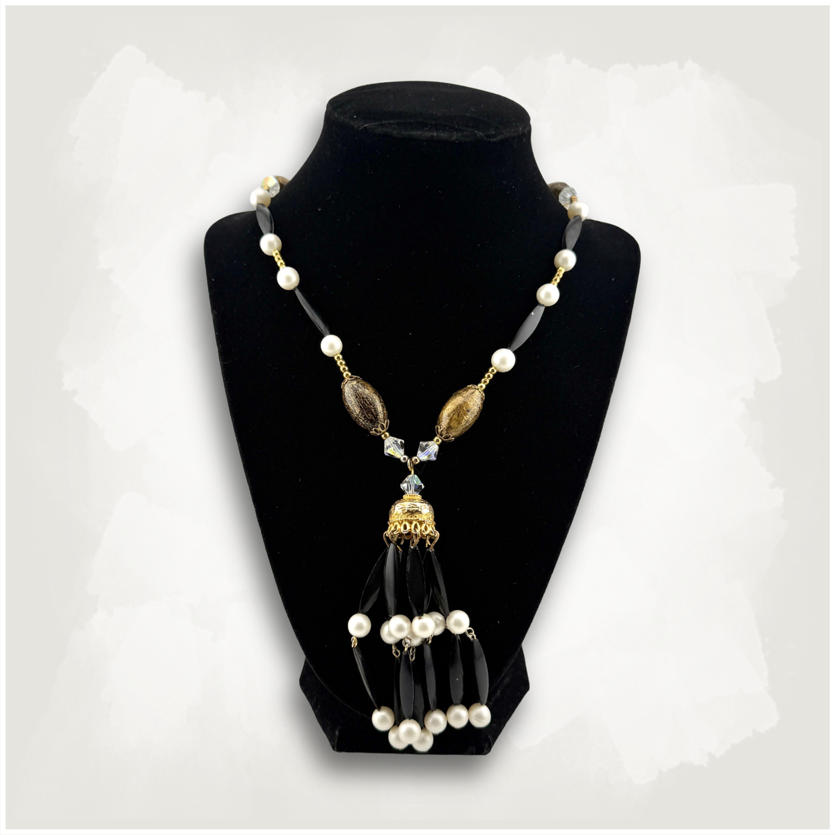 Vintage Black & Gold Beaded Tassel Flapper Necklace