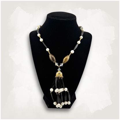 Vintage Black & Gold Beaded Tassel Flapper Necklace