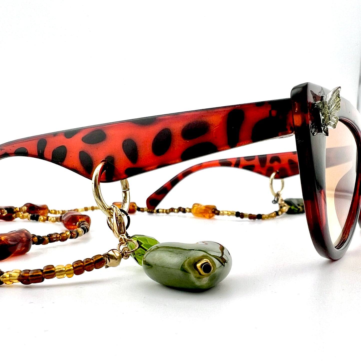 Retro Glam Tortoiseshell Festival Sunglasses with Amber Beaded Chain