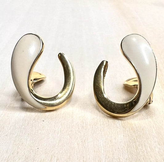 Monet Gold & Ivory Enamel Hoop Clip On Earrings
