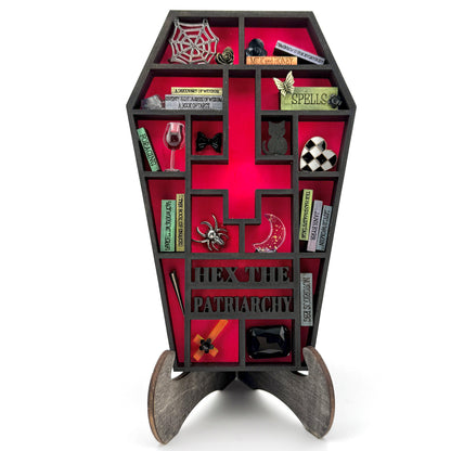 Hex the Patriarchy Mini Coffin Bookshelf – Handmade Feminist Curio Shelf with Miniatures