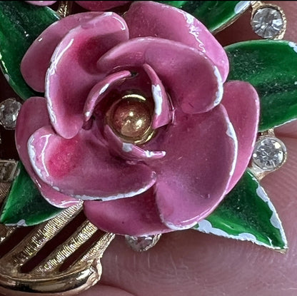Vintage Crown Trifari Pink Rose Basket Brooch