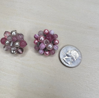 Vintage Pink Bead Cluster Clip-On Earrings (Japan)