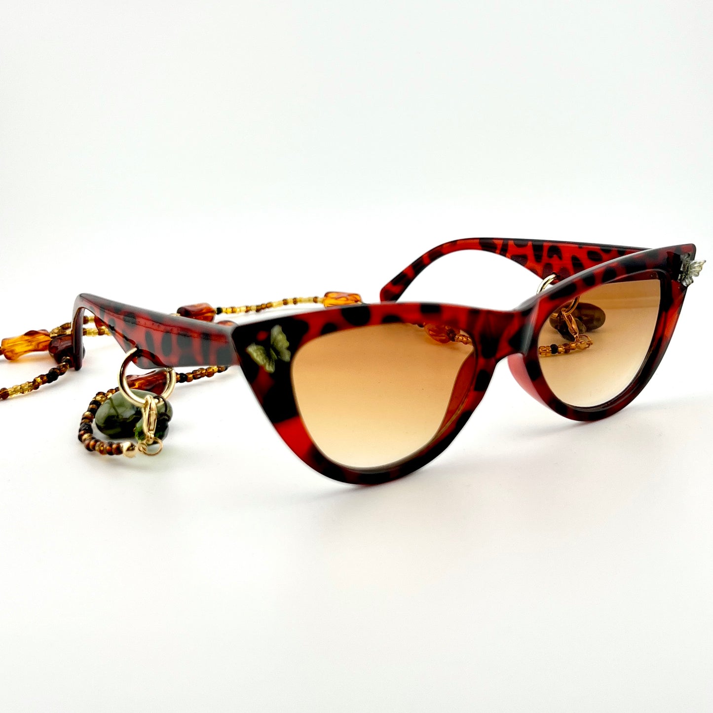 Retro Glam Tortoiseshell Festival Sunglasses with Amber Beaded Chain