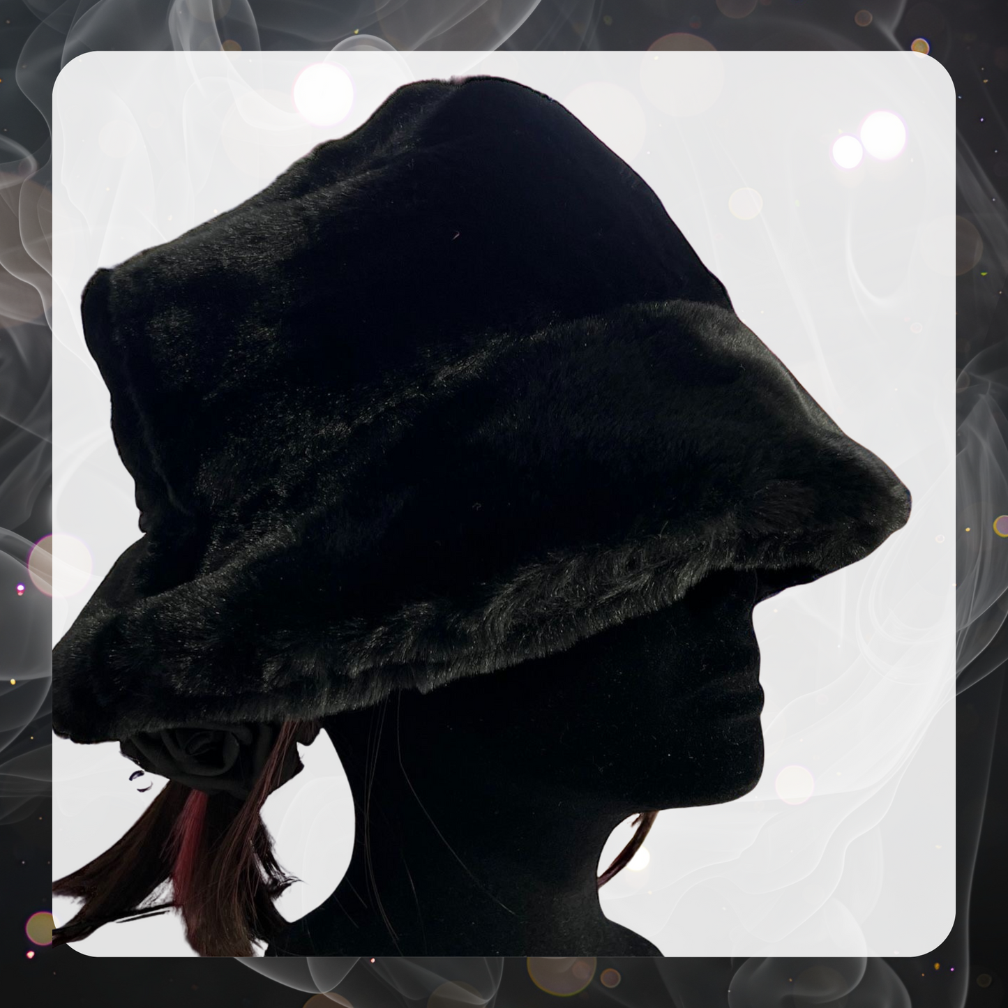 Picture shows a black velvet mannequin head wearing a black faux fur bucket hat. 