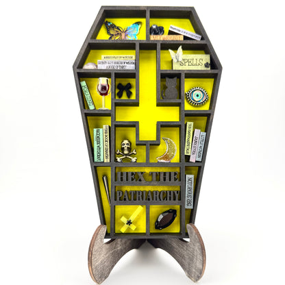 Hex the Patriarchy Mini Coffin Bookshelf – Handmade Feminist Curio Shelf with Miniatures