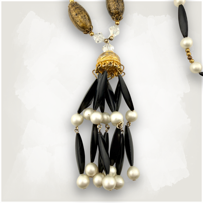 Vintage Black & Gold Beaded Tassel Flapper Necklace