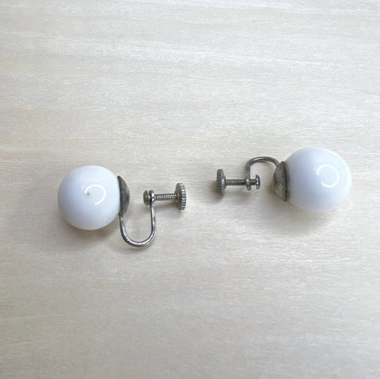 Vintage White Glass Screw-Back Earrings (Made in Japan Mid-Century)
