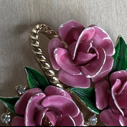Vintage Crown Trifari Pink Rose Basket Brooch