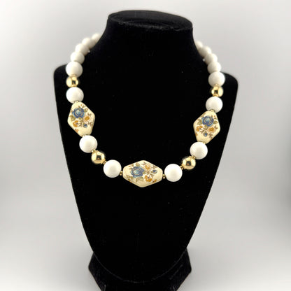 Vintage Japan White Beaded Floral Necklace