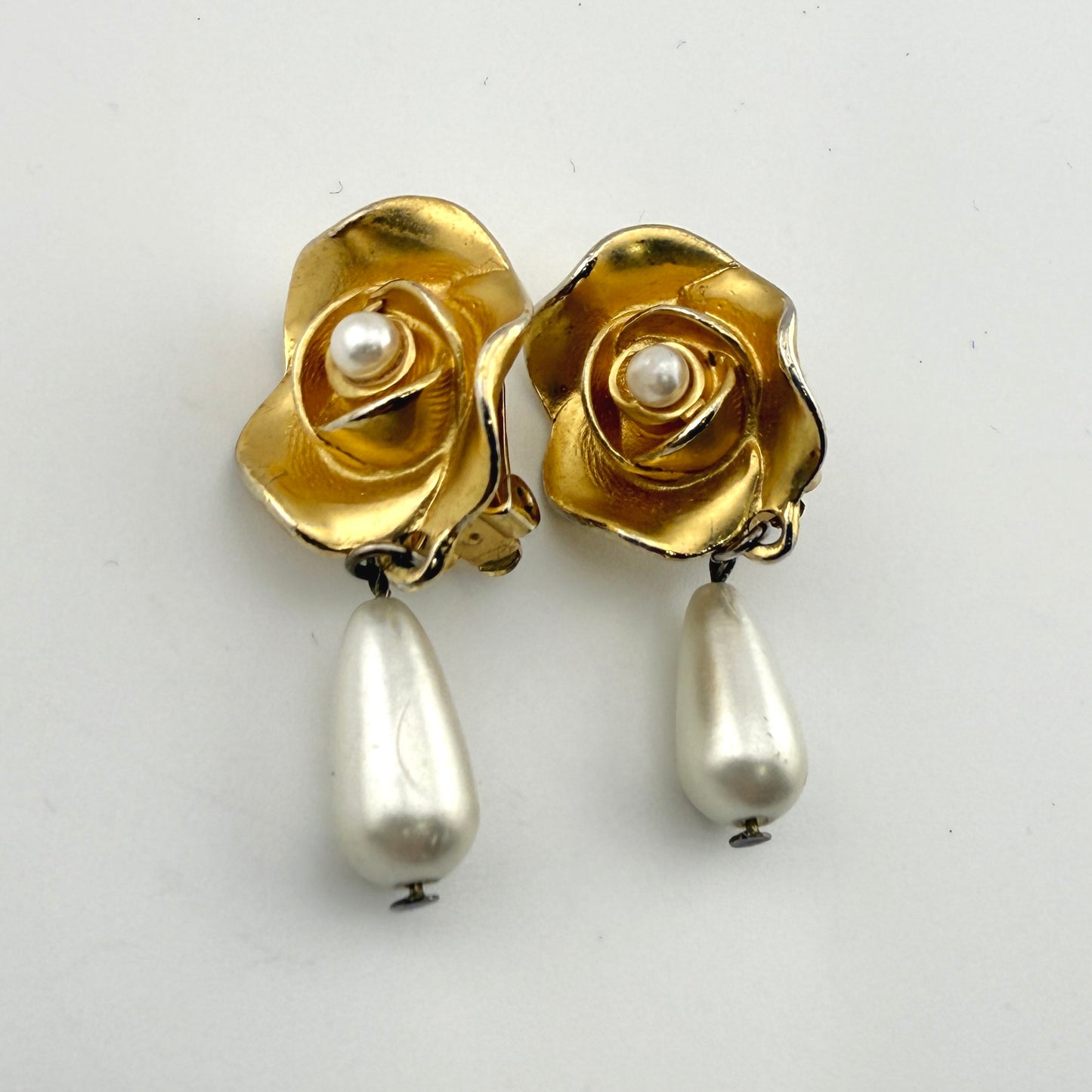 Elegant Rose and Pearl Vintage Clip on Earrings