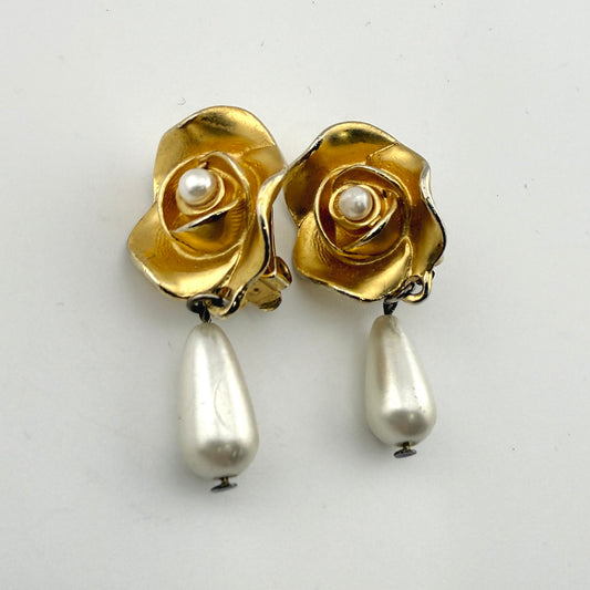 Elegant Rose and Pearl Vintage Clip on Earrings